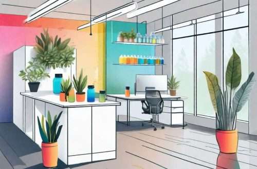 A vibrant and inviting office space with various creative and visually appealing ways to store and display water