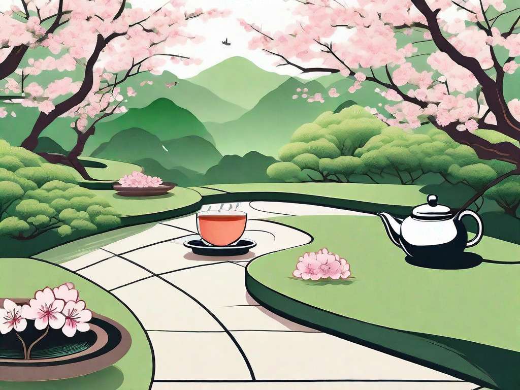 A serene and vibrant japanese zen garden with a pathway leading towards a teapot pouring matcha into a cup