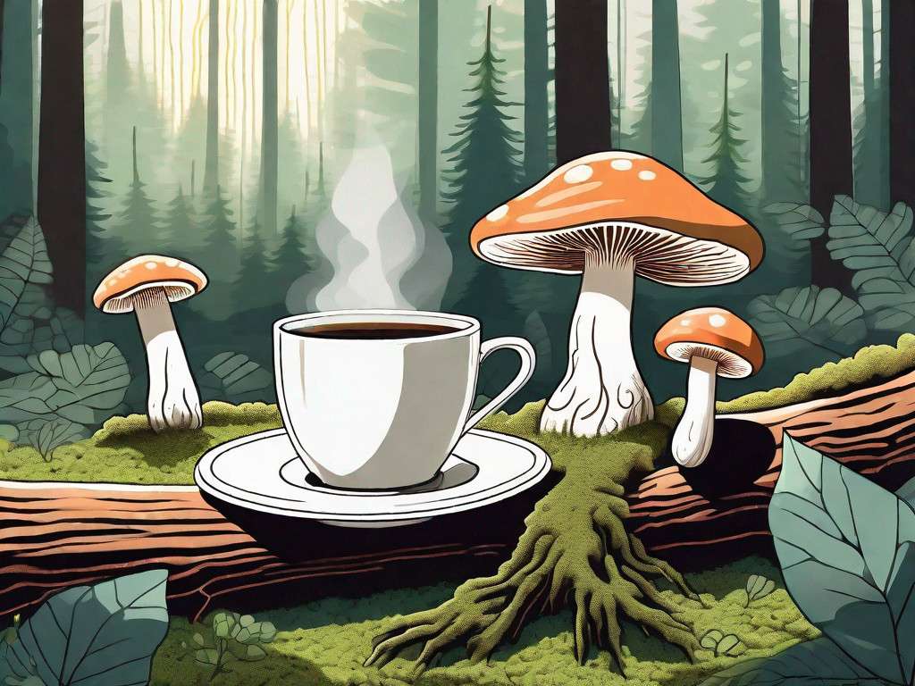 A serene forest scene with mushrooms growing on the forest floor and a steaming cup of mushroom coffee placed on a mossy log