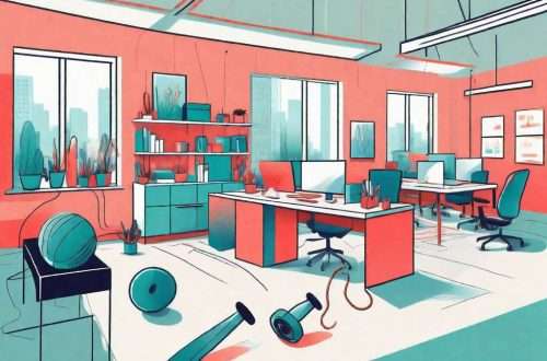 A vibrant and energetic office space with various objects creatively transformed into arm exercise equipment