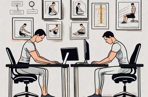A person sitting at a desk with their back straight and engaged in various back-strengthening exercises using office supplies and equipment