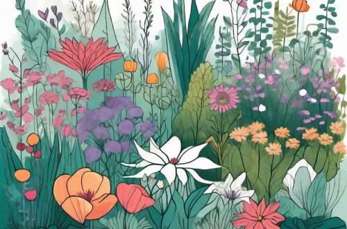 A colorful and diverse garden with various plants and flowers intertwining and growing together