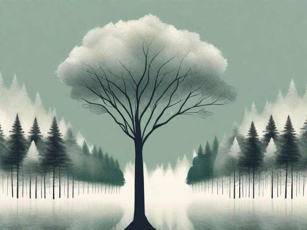 A lone tree standing tall in a dense forest