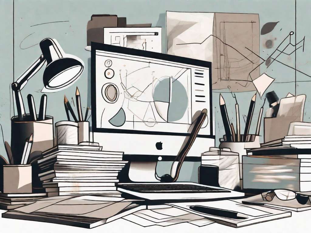 A cluttered desk with various objects and documents scattered about