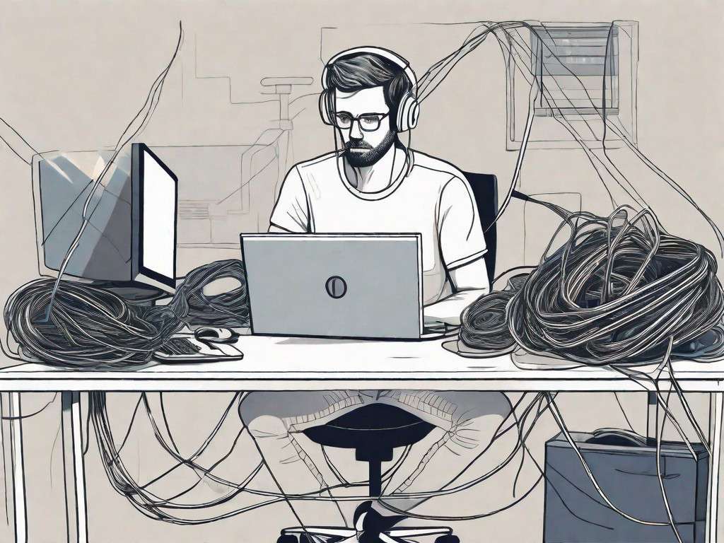 A software developer sitting at a computer desk surrounded by tangled wires and cables