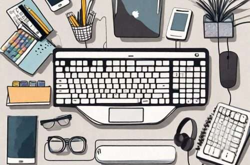 A keyboard wrist rest surrounded by various office supplies and gadgets