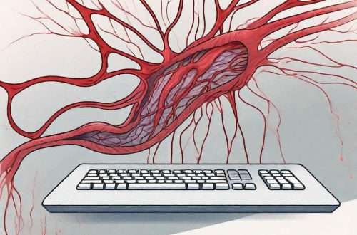 How Can a Keyboard Wrist Rest Improve Blood Circulation? 5 A keyboard wrist rest positioned on a desk with a series of interconnected blood vessels flowing through it