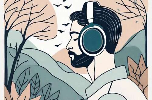 A serene natural landscape with a person wearing noise-cancelling headphones