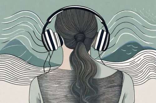 A pair of noise-cancelling headphones transforming into soothing waves that wrap around a wrist