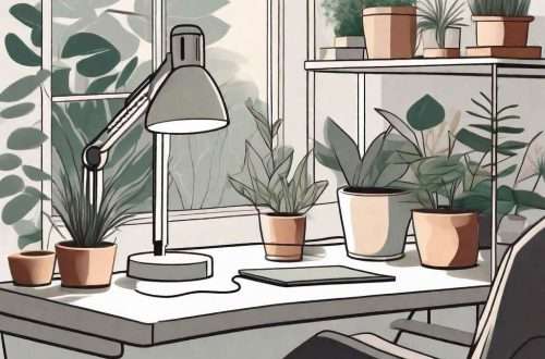 An adjustable desk lamp casting a warm and soothing light on a serene and organized workspace