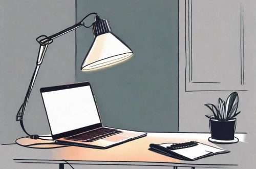 An adjustable desk lamp with a beam of light illuminating a comfortable workspace