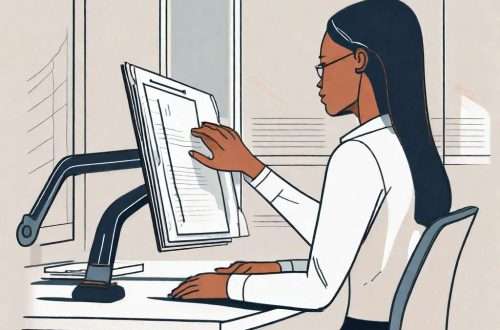A person sitting at a desk with a document holder positioned at eye level