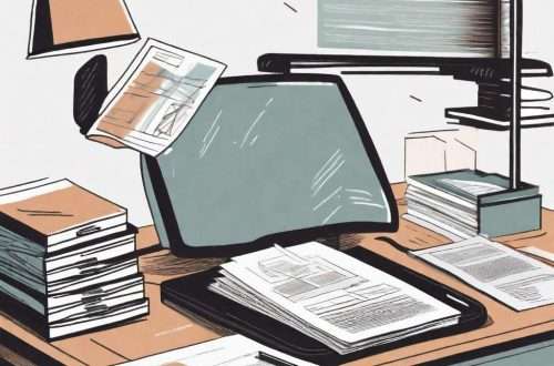 A cluttered desk with various documents and papers scattered around