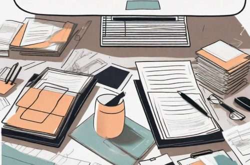 A cluttered desk with various documents and papers scattered around