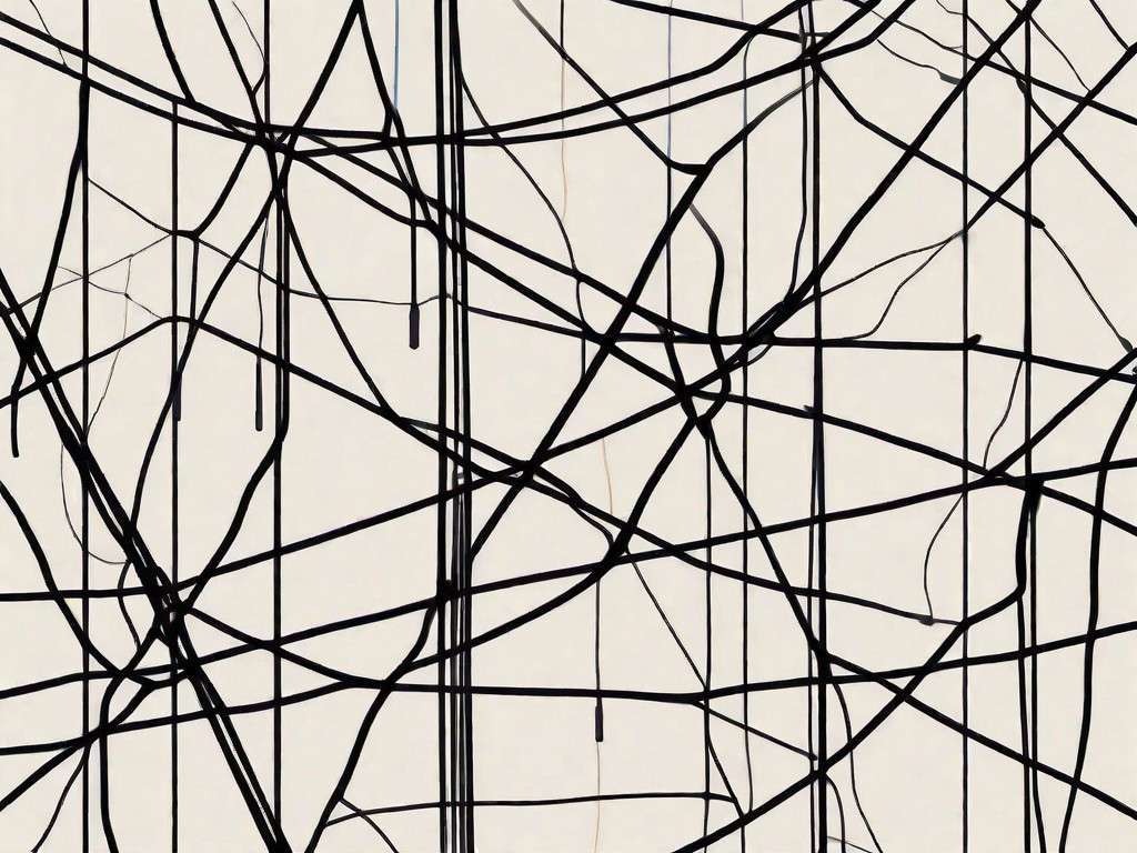 A tangled web of tangled telephone wires with broken connections and crossed lines