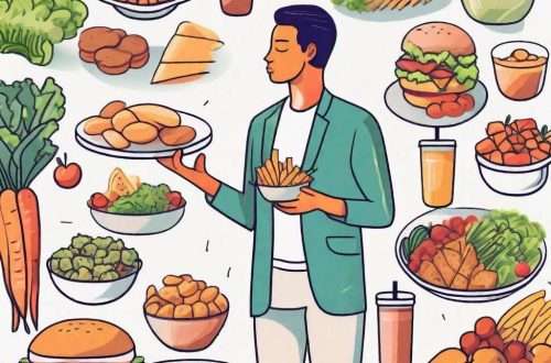 How Many Calories Should a Sales Representative Consume Daily? 5 A sales representative surrounded by a variety of healthy and unhealthy food options