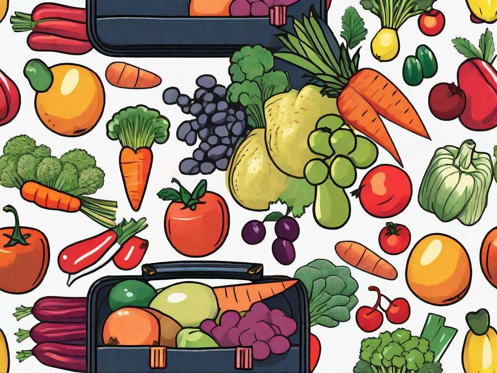 A colorful assortment of fruits and vegetables arranged in a sales representative's briefcase