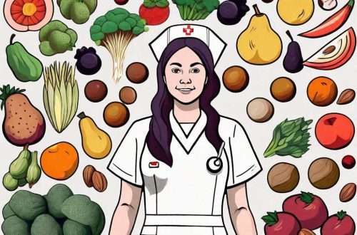 A nurse surrounded by various types of fruits