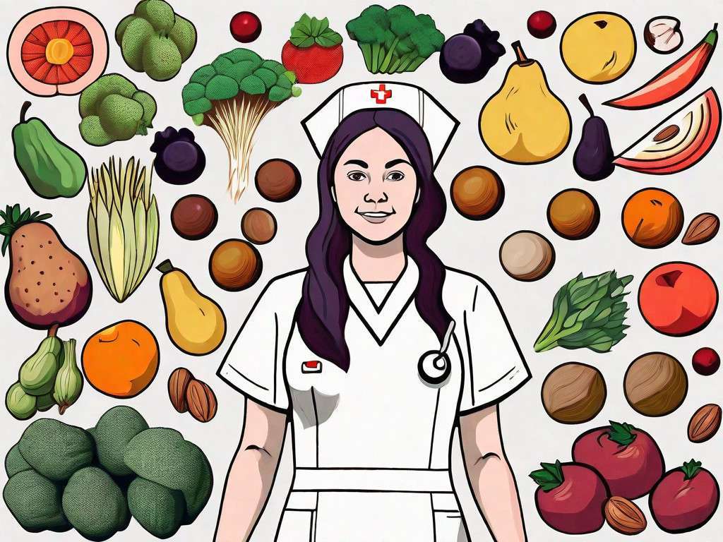 A nurse surrounded by various types of fruits