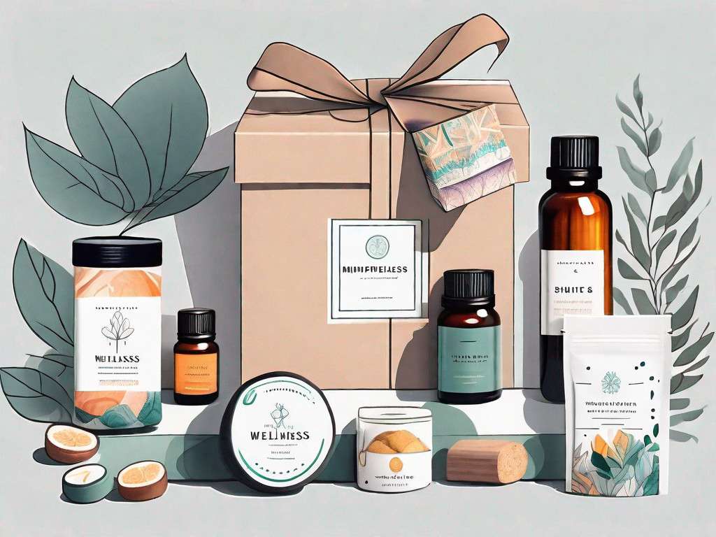 A beautifully wrapped gift box overflowing with various wellness items such as a yoga mat