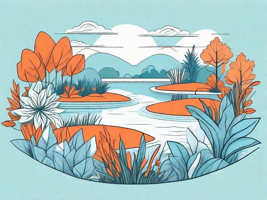 A serene garden scene with a variety of calming elements such as flowing water
