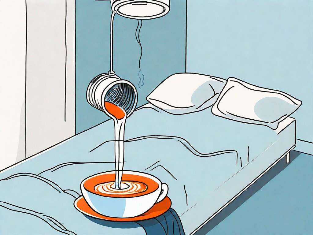A serene bedroom scene with a cup of coffee being poured down the drain