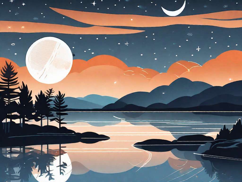 A peaceful nighttime scene with a serene moonlit landscape