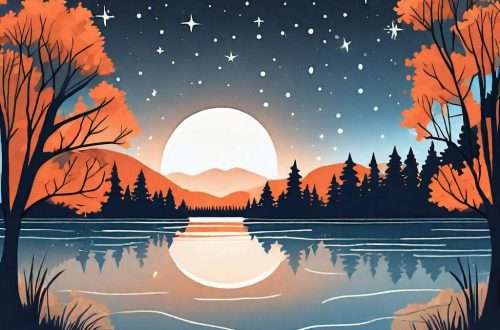 A serene nighttime scene with a calm lake surrounded by lush trees and a starry sky