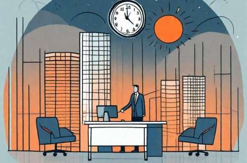 A clock with one hand pointing to a serene night scene and the other hand pointing to a bustling office environment