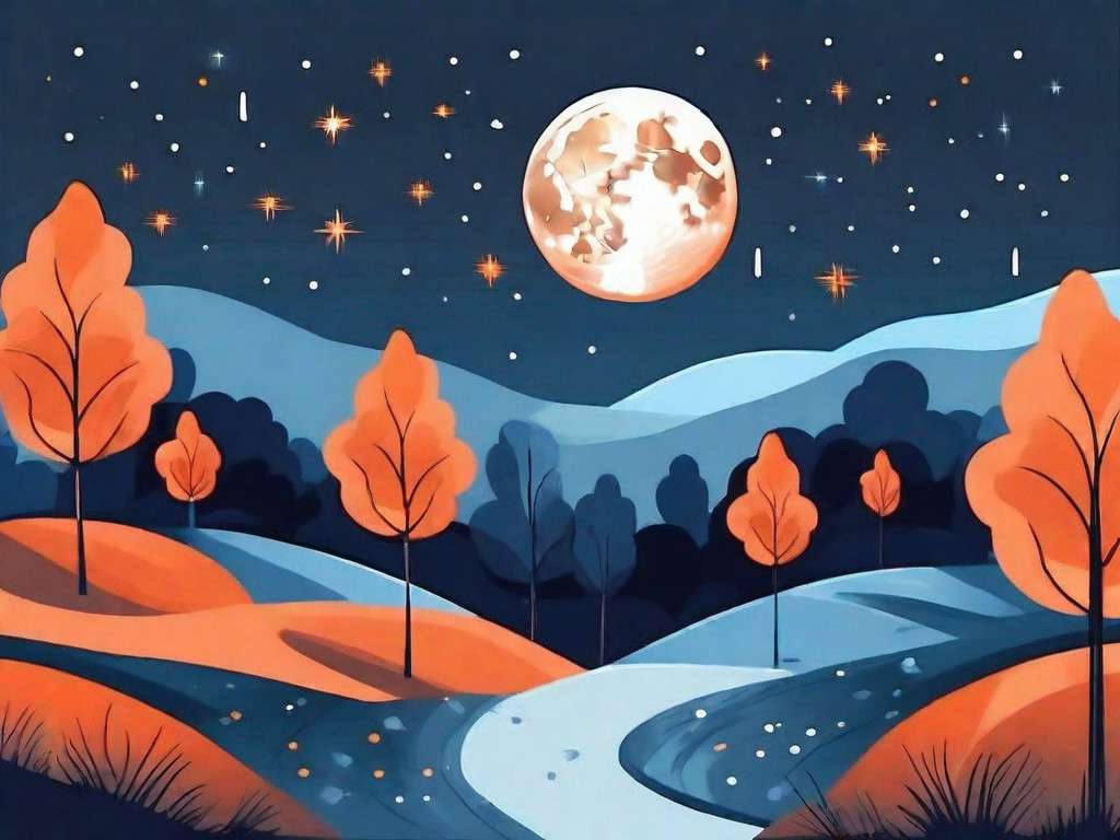 A serene nighttime scene with a glowing moon and stars