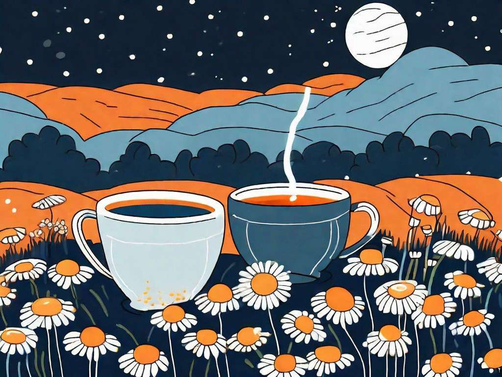 A serene nighttime scene with a cup of chamomile tea surrounded by blooming chamomile flowers