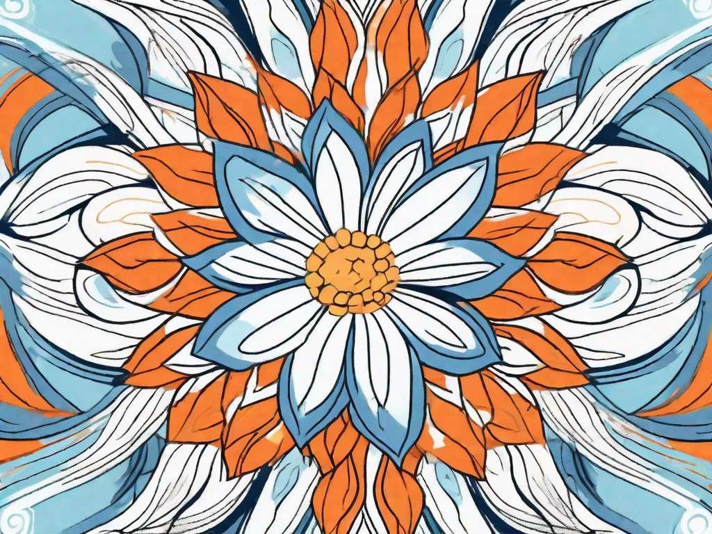 A calm and serene chamomile flower surrounded by swirling patterns and soothing colors to evoke a sense of relaxation and tranquility