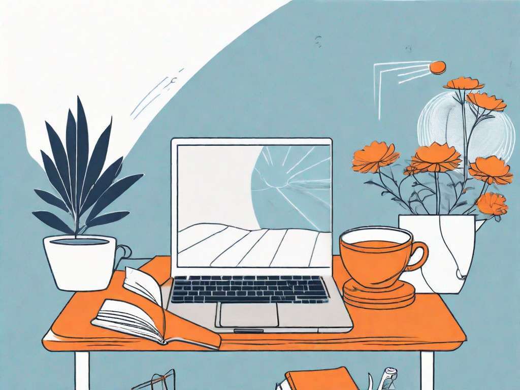 A serene and organized workspace with a steaming cup of chamomile tea