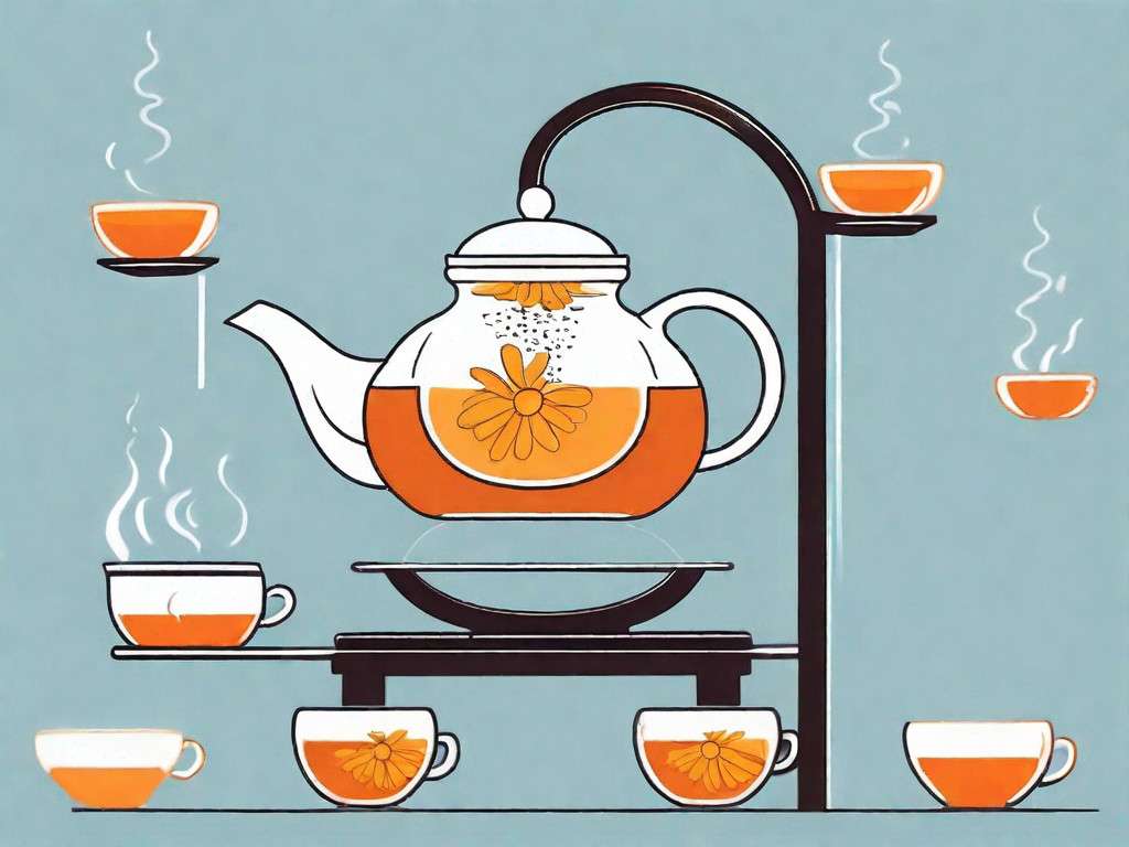 A teapot pouring chamomile tea into a scale