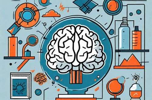 A vibrant brain surrounded by various objects symbolizing focus and concentration