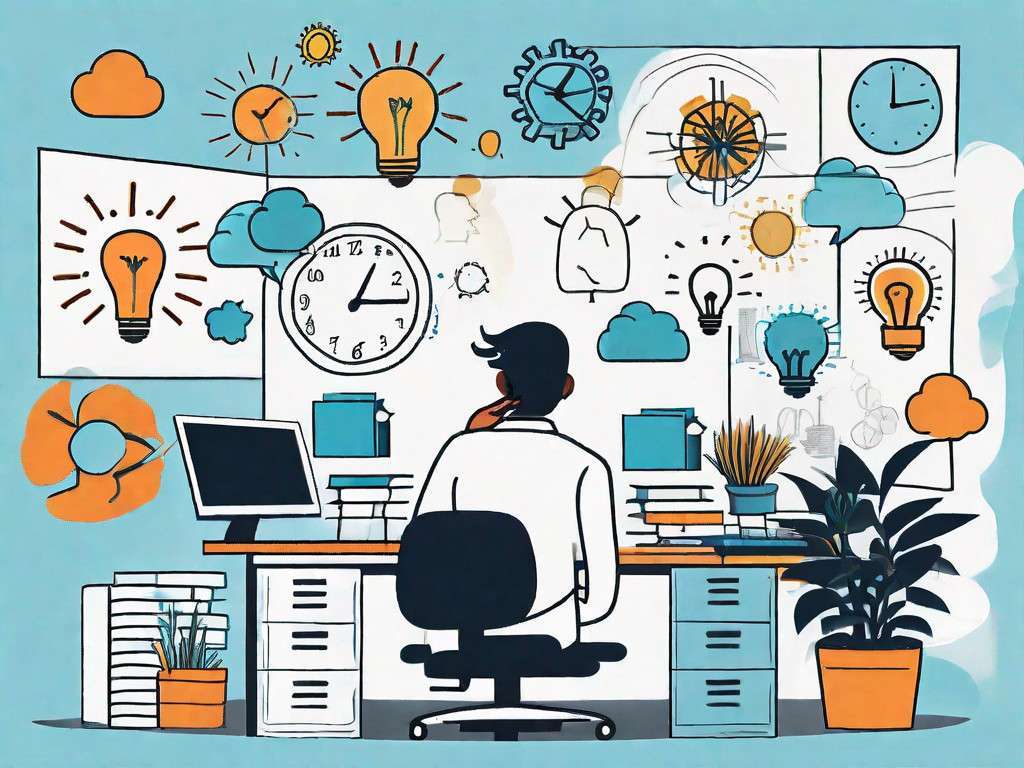A busy office environment with various objects and elements that symbolize improved concentration