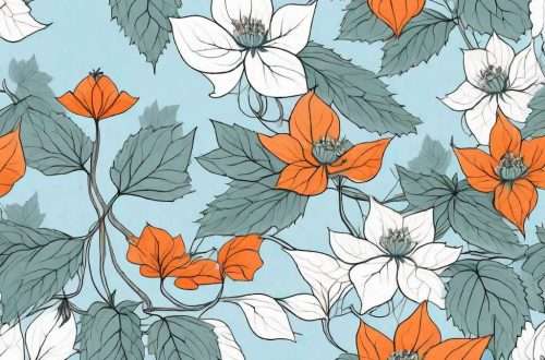 A serene and peaceful garden scene with hops plants intertwined with calming flowers and herbs