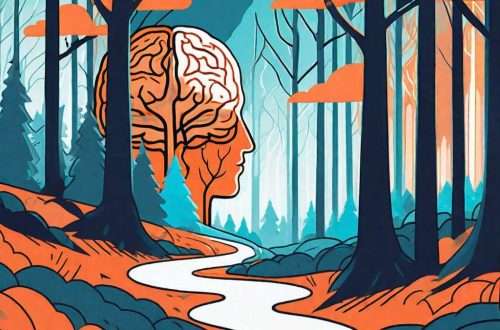 A serene forest scene with vibrant colors and clear pathways leading towards a glowing brain