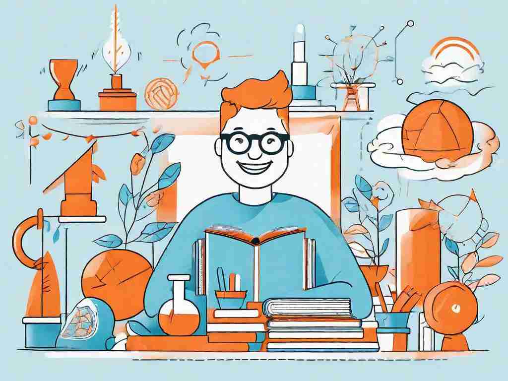 Work Habits Decoded: 49 Game-Changers for Professional Triumph! 12 A scholar surrounded by various objects and activities that bring them joy and make them smile