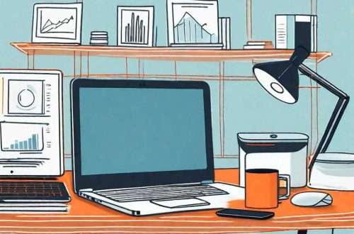 A smart speaker sitting on a desk surrounded by various office supplies